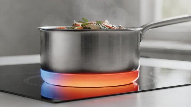 Close medium shot of a sleek cookware prototype with a colorchanging insert on the base visibly shifting hues to indicate cooking temperature during food preparation
