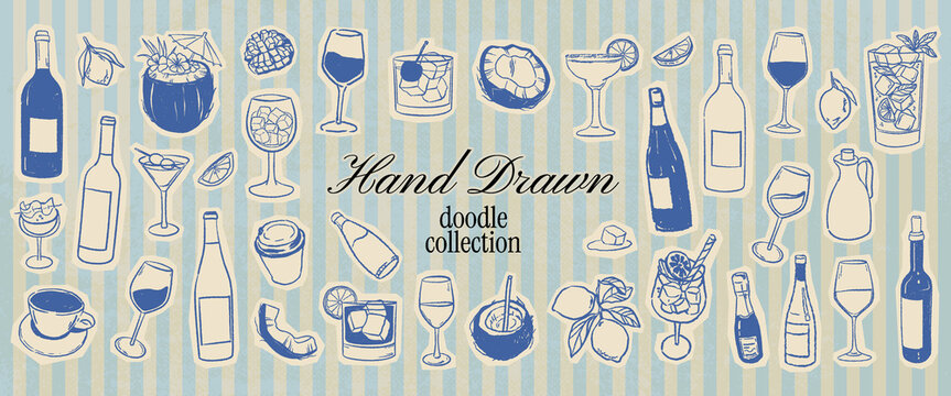 Mediterranean scrapbook cocktail doodle collection with wine, citrus, coffee and tropical drinks. Whimsical illustrations for beverage menus and summer party branding in crayon drawn sketch style.