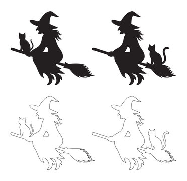 Spooky Halloween Flying Witch With Black Cat Riding Broomstick Set Silhouette And Line Art Vector Illustration For Creepy Holiday Party Invitation