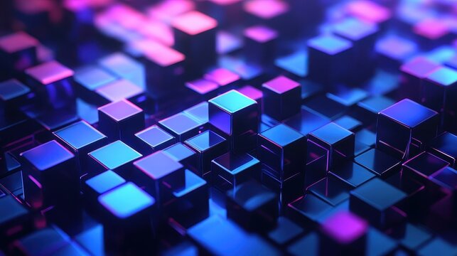 Futuristic blue and purple glowing digital data cubes forming a complex network structure representing high performance computing