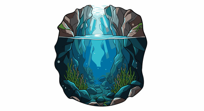 Pixelated underwater cave with light rays piercing the blue water