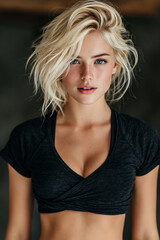 Naklejka premium sporty blonde woman in modern fitness wear, active blonde athlete in stylish sportswear, confident fitness woman with energetic lifestyle