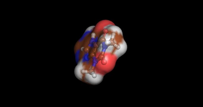 Theophylline, xanthine bronchodilator molecule for asthma and respiratory relief, 3D molecule spinning, 4K