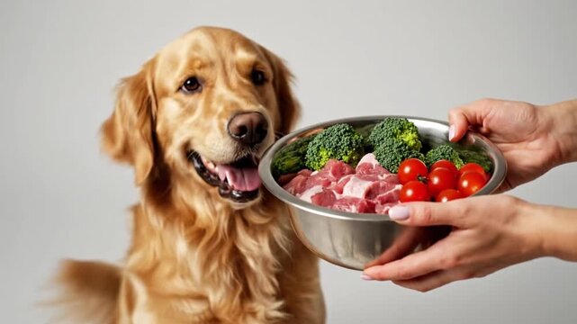 Excited Golden Retriever Dog Waiting for a Healthy Bowl of Raw Meat and Fresh Vegetables Like Broccoli and Tomato