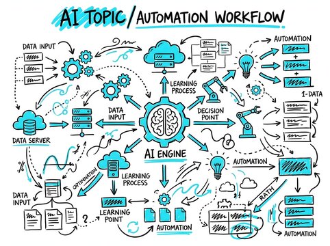 AI Engine and Automation Workflow Hand Drawn Infographic Diagram