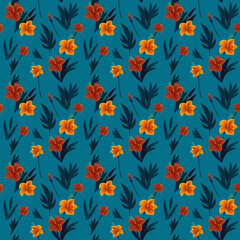 Obraz premium Seamless floral pattern with orange and red hawaiian flowers
