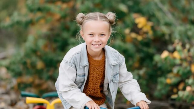 Girl smiling while riding a tricycle in a park during the fall season surrounded by trees and leaves