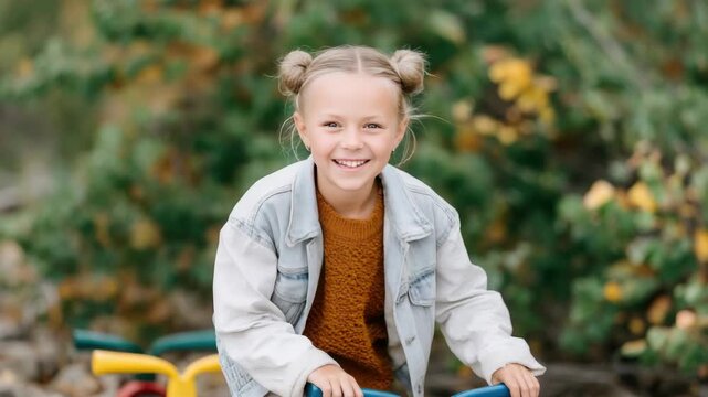 Girl plays and smiles while riding a tricycle in a park during autumn
