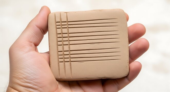 Hand holding a square clay tablet with carved geometric grid lines