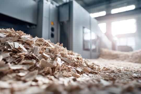 Close-up of wood chips and sawdust pile inside an industrial woodworking factory. Large processing machinery in the blurred background. Concept of timber manufacturing and biomass energy. Banner