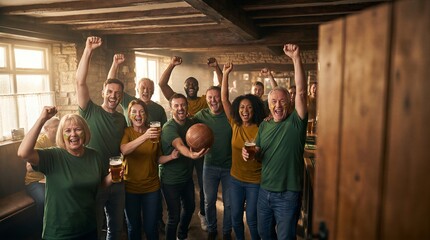 Fototapeta premium Ecstatic soccer fans cheering and celebrating in a rustic pub