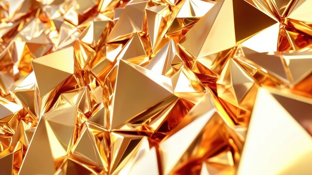 Intricate geometric gold structures with sharp facets and lustrous reflections creating a rich abstract texture