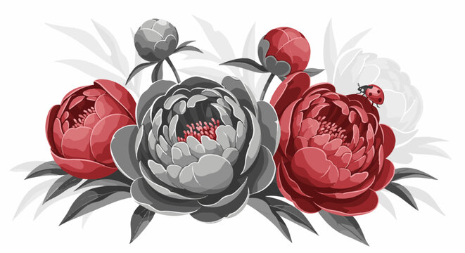 A delicate grouping of blooming peonies with a ladybug on one blossom