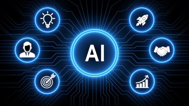 A glowing neon AI system concept surrounded by smaller icons for and manufacturing process management, Motion graphics of learning concept