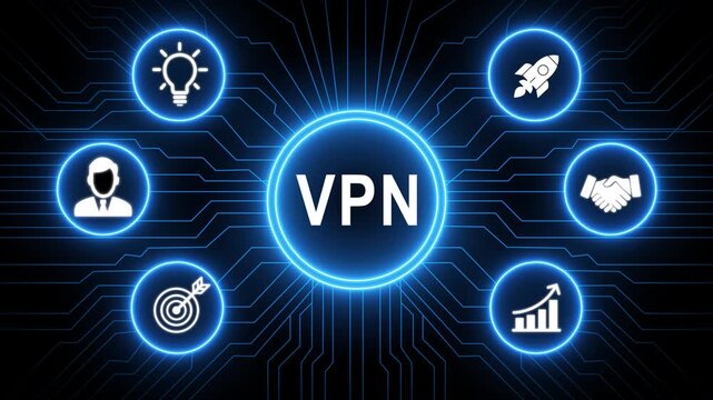 A glowing neon VPN system concept surrounded by smaller icons for ai and manufacturing process management, Motion graphics of learning concept