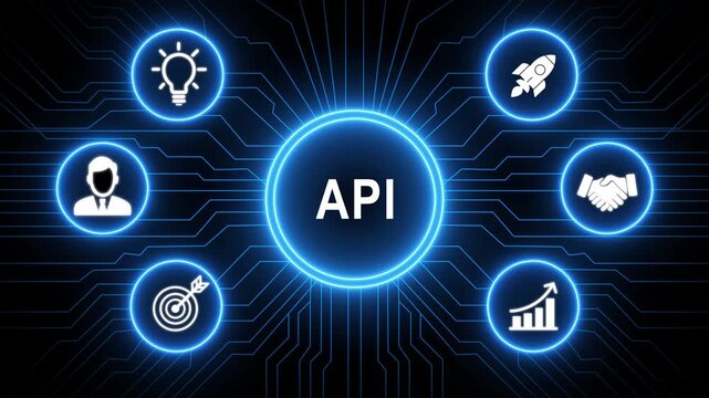 A glowing neon API system concept surrounded by smaller icons for ai and manufacturing process management, Motion graphics of learning concept