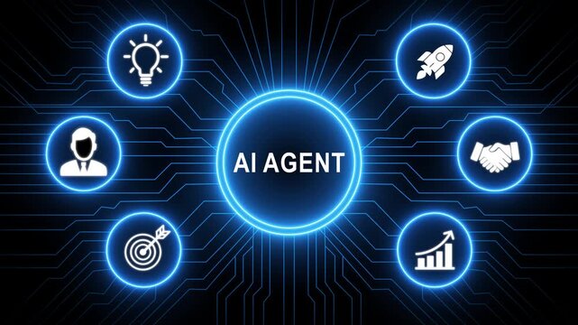 A glowing neon AI Agent system concept surrounded by smaller icons for ai and manufacturing process management, Motion graphics of learning concept