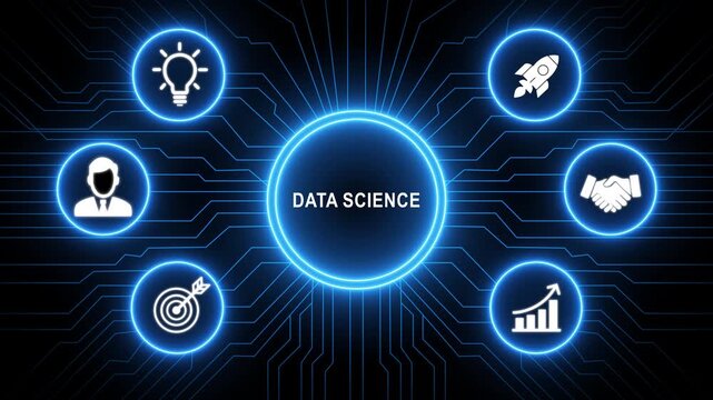 A glowing neon Data Science system concept surrounded by smaller icons for ai and manufacturing process management, Motion graphics of learning concept