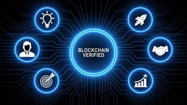 A glowing neon Blockchain Verified system concept surrounded by smaller icons for ai and manufacturing process management, Motion graphics of learning concept