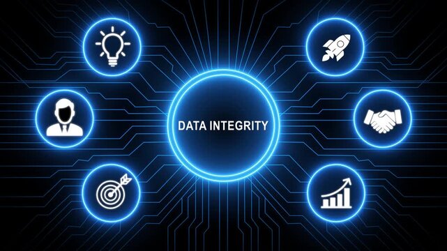 A glowing neon Data Integrity system concept surrounded by smaller icons for ai and manufacturing process management, Motion graphics of learning concept