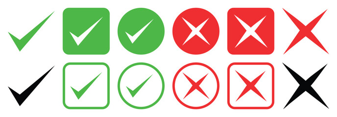 Check tick mark icon set. Cross box x check mark checkbox list vector draw hand drawn sketch doodle brush marker checklist symbol wrong right circle. Vector Illustration.  © Creative Vector