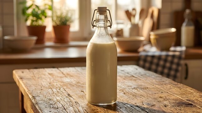 Fresh milk in vintage bottle with warm wooden table