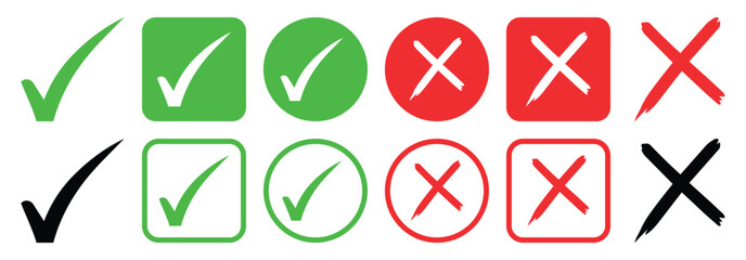 Check tick mark icon set. Cross box x check mark checkbox list vector draw hand drawn sketch doodle brush marker checklist symbol wrong right circle. Vector Illustration.  © Creative Vector