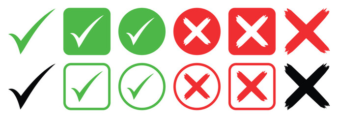 Check tick mark icon set. Cross box x check mark checkbox list vector draw hand drawn sketch doodle brush marker checklist symbol wrong right circle. Vector Illustration.  © Creative Vector