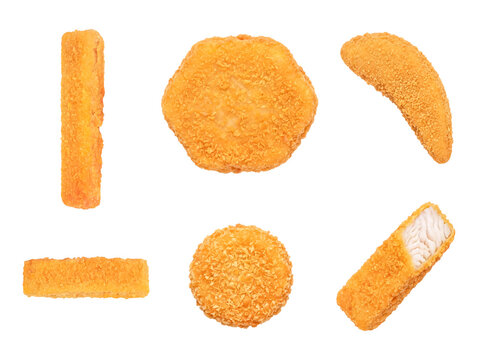 Assortment of crispy breaded fried food, including fish sticks and nuggets.