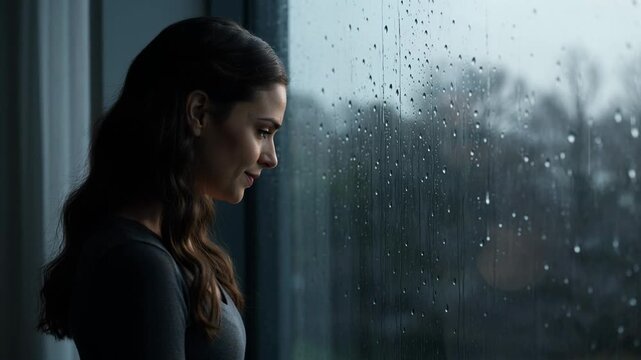 Pensive woman looking out a rainy window, contemplating lifes challenges and seeking solace in the quiet moments of reflection.