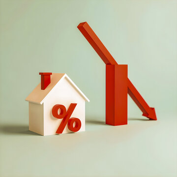 Real Estate Market Crash Concept with White Toy House, Red Percentage Symbol, and Declining Arrow 3D Render