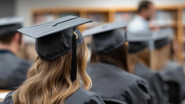 Graduation ceremony at a school with students wearing caps and gowns sitting in rows during a formal event in a large hall