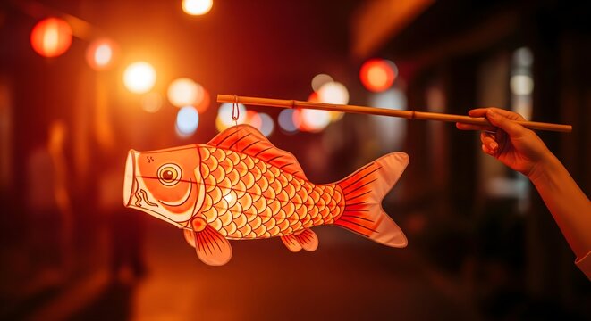 Hand holding a traditional fish paper lantern at night during festival
