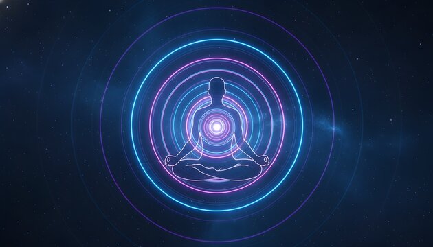Meditation position outline with energy waves