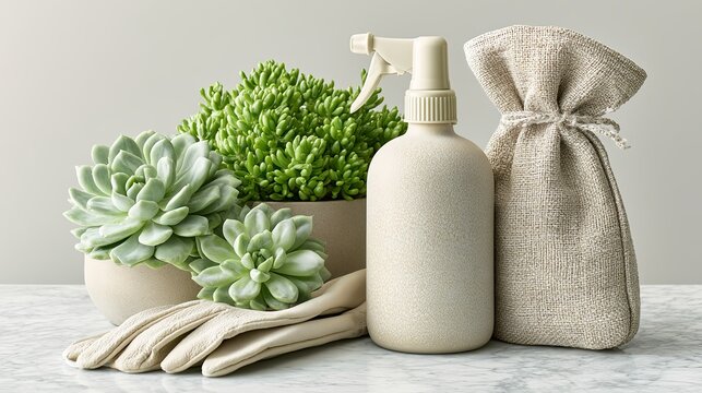 Eco Friendly Cleaning Products Set, eco friendly cleaning products set featuring reusable fabric bag, natural cleaning spray bottle and succulent plants, eco friendly cleaning products set promoting 