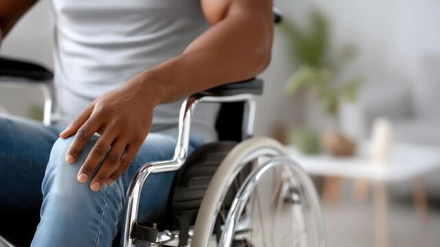 Person in wheelchair sitting in bright room with plants, wearing a gray shirt and jeans while resting hand on knee