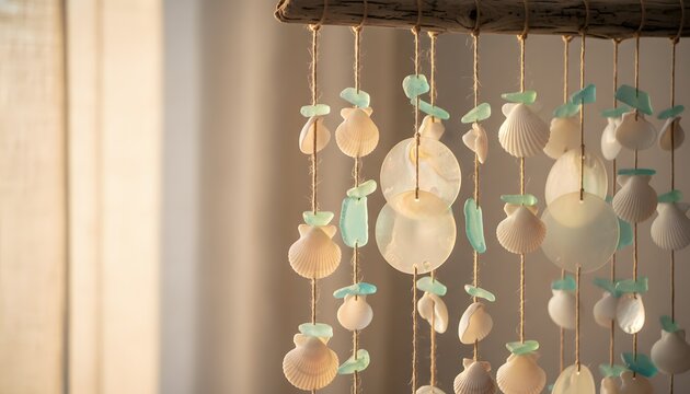 Handcrafted coastal beach shell wind chime hanging in a warm sunlit room, embodying peaceful home decor and tropical relaxation concept