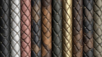 Naklejka premium luxury quilted leather textures in various metallic shades like silver, gold, rose gold, brown, and black, arranged in vertical rows with tiny gold stud details for elegant fashion background