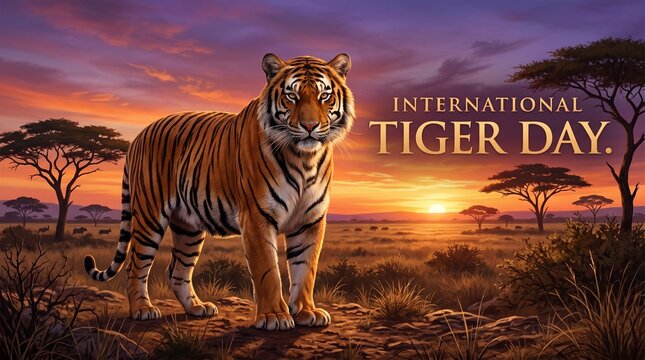 Majestic tiger walking through the african savanna at sunset for international tiger day