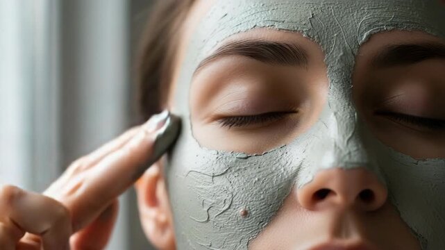 Woman applying clay face mask during skincare routine. Authentic user review of beauty treatment. Self care concept for healthy skin and relaxation at home base.