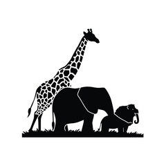 Silhouette of giraffe and elephant family in savannah landscape © Rose