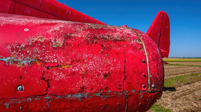 Crimson red paint chipping and rust detailing the weathered tail fin of an old aircraft under a bright blue sky.