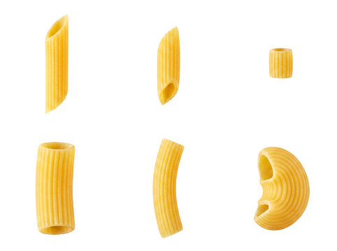 Assortment of dry Italian pasta, including rigatoni, penne, and lumaconi, isolated on a transparent background.