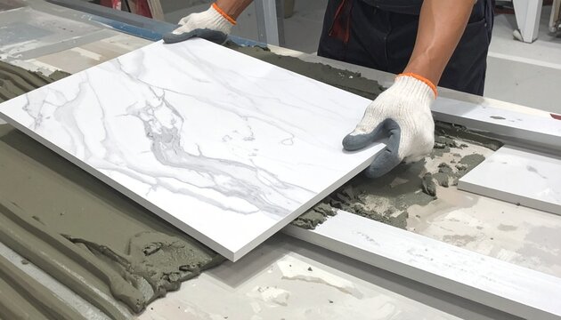 Worker Installing Marble Tile with Precision and Care