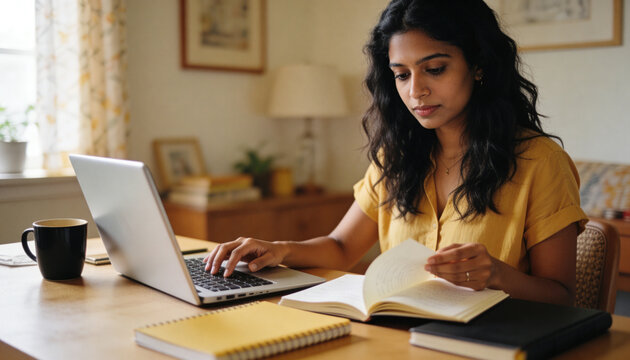 Working woman wearing yellow blouse typing on silver laptop and flipping book at home, coffee mug