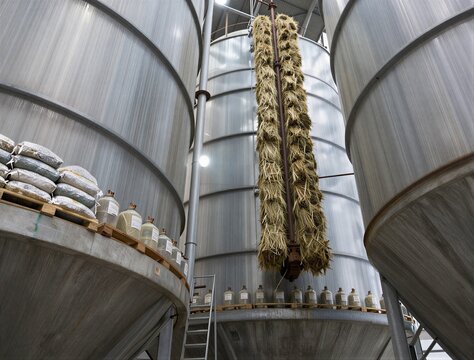 Large metal silos with vertical drying bundles inside facility