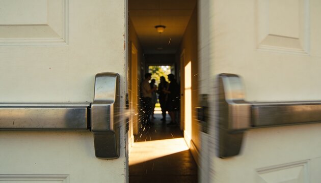 Opening double-door with horizontal panic bars showing corridor with backlit group, sun and dust