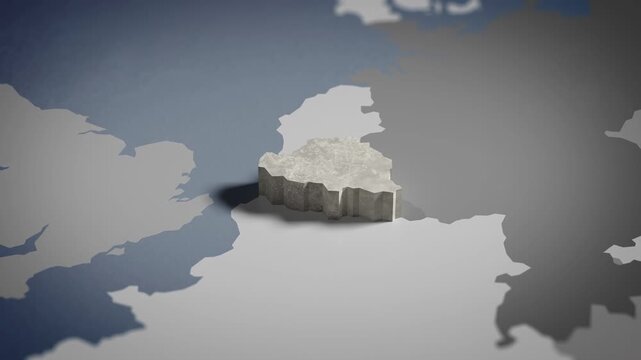 World map animation Birds eye view above Belgium, Belgian, Brussels, Europe with highlighted country borders. Cinematic 3d world map animation highlights aerial views, 4k Video