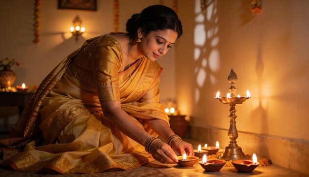 Lighting woman in golden silk saree kneeling on floor, arranging earthen diyas by brass deepam