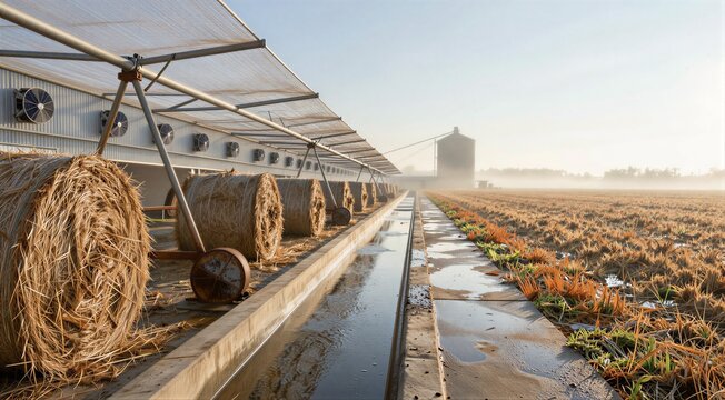 Long farm feedline beside stacked hay rolls at sunrise